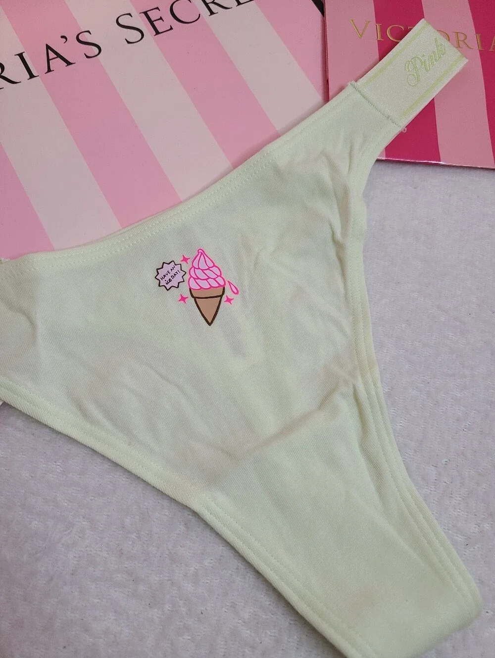VS PINK Soft Cotton Logo Band High Leg Thong Panty Size M Ice Cream